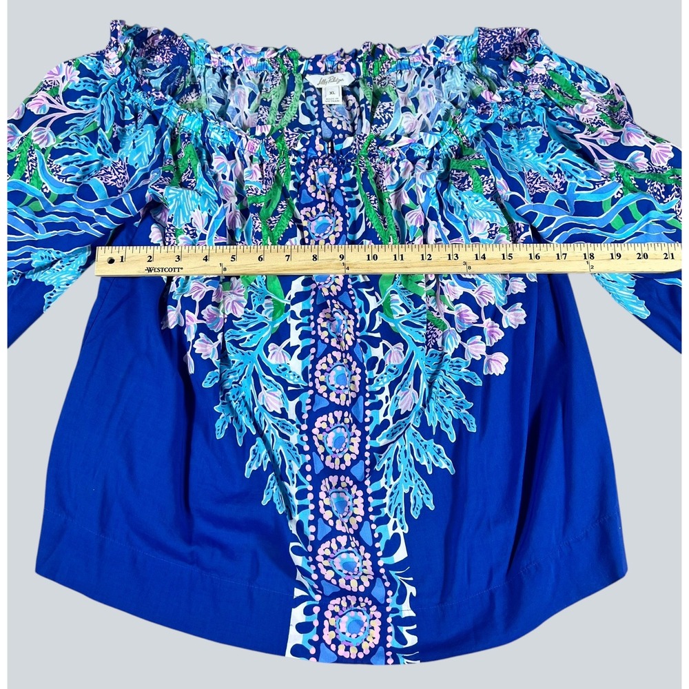 Lilly Pulitzer Womens Blue Floral Off The Shoulder Blouson Sleeve Blouse XL - Picture 4 of 12